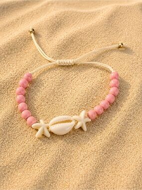 Caligirl Pink Beaded Shell & Starfish Bracelet, adjustable, new